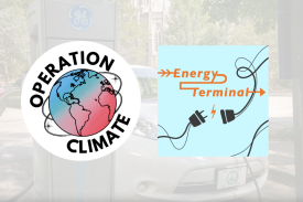 Electric vehicle charging on Duke Campus with energy terminal and operation climate logos